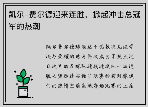 凯尔-费尔德迎来连胜,掀起冲击总冠军的热潮